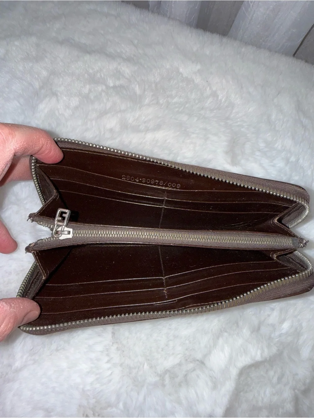 Fendi Monogram Canvas and Leather Zip Wallet in Dark Brown with Silver Hardware
